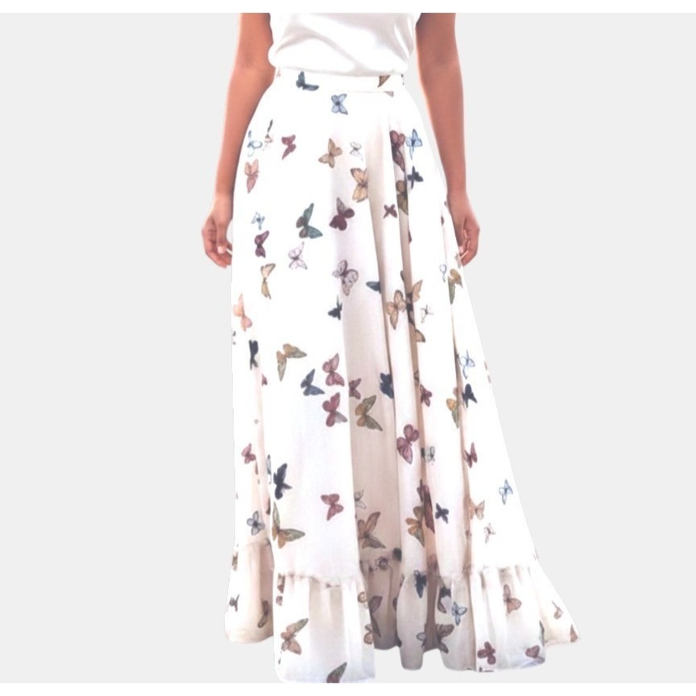 White Satin Butterfly Maxi Skirt Sz 2XL Quiet Luxury Romantic Summer Garden Chic